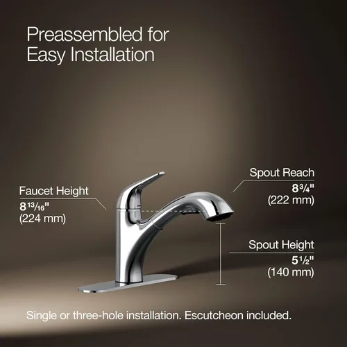 Miniatura 3 de KOHLER 30612-CP Jolt - Grifo extraíble para fregadero de cocina, cabezal rociador de dos funciones, control táctil, 1.5 GPM, diseño elegante, cromo