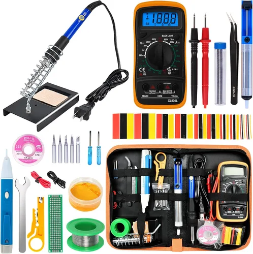 Kit de soldador, temperatura ajustable de 60 W, multímetro digital, 5 puntas de soldadura, alambre, soporte, bomba de desoldadura, mecha de Azul