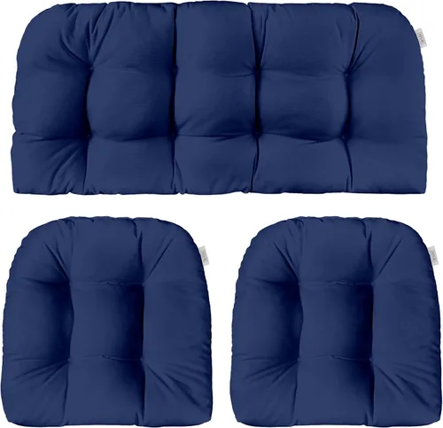 Juego de 3 cojines de mimbre copetudo para interiores y exteriores, tela sólida azul marino oscuro, sofá biplaza y 2 cojines de silla a juego | 41 x