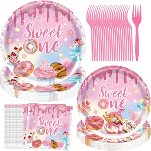 Decoraciones de primer cumpleaños para niña, suministros de fiesta de cumpleaños con temática de donas Sweet One Grow Up - 96 piezas, sirve 24