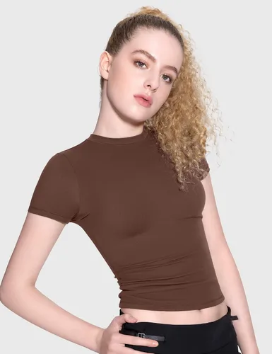 Miniatura 3 de PUMIEY Camiseta básica de manga corta con cuello redondo para mujer, con doble forro, ajustada, colección Smoke Cloud Pro