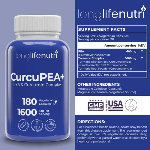 Miniatura 2 de CurcuPEA+ (Palmitoiletanolamida + Complejo de cúrcuma 600 mg/1000 mg) - Derivado de curcumina Longa, 180 cápsulas vegetarianas, antioxidante