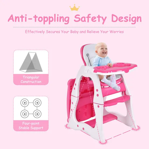 Miniatura 6 de Costzon Silla alta para bebé, juego de mesa y silla infantil 3 en 1, asiento elevador convertible con bandeja de alimentación ajustable de 3 Rosa