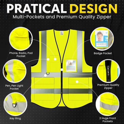 Miniatura 4 de PeerBasics Chaleco de seguridad, paquete de 10 unidades, amarillo, ANSI Clase 2, reflectante, para hombres y mujeres, unisex, con bolsillos