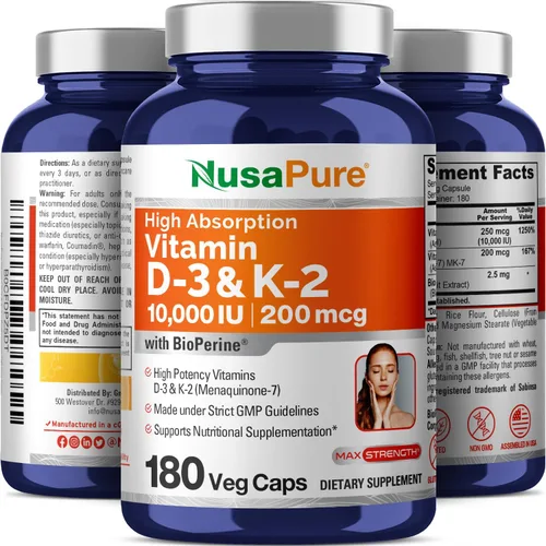 Miniatura 4 de NusaPure 250 mg de vitamina D3 y 200 mcg K-2 cápsulas, 180 cápsulas vegetales (sin OMG, vegano)
