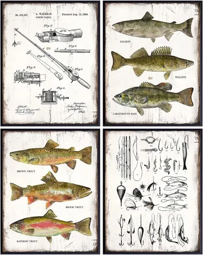 Miniatura 7 de Accesorios de pesca, impresión de patente, caña, carrete, señuelos, juego de arte de pared – Decoración de casa de lago o montaña para el hogar