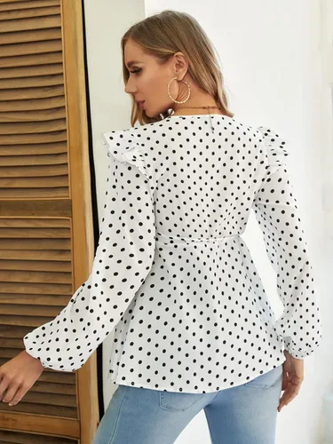 Miniatura 2 de OYOANGLE Blusa de maternidad para mujer, con volantes, manga larga, cuello en V, cinturón, ropa de embarazo