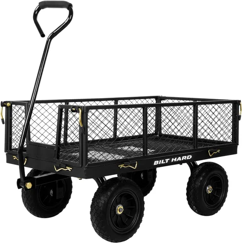 BILT HARD - Carretilla de jardín resistente con ruedas planas libres de 10" y lados extraíbles, con asa giratoria de 180°, 4 pies cúbicos, capacidad