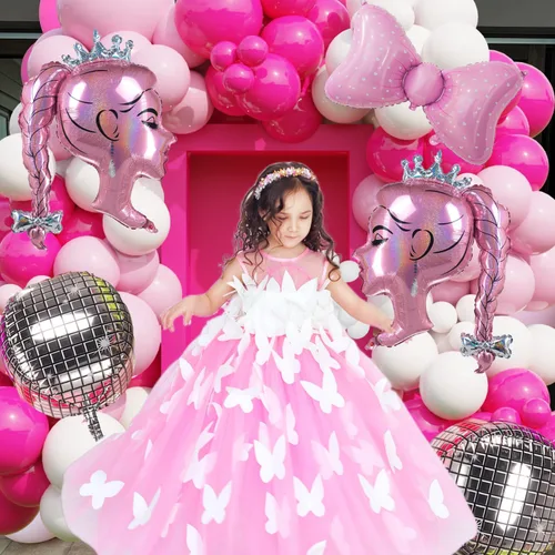 Miniatura 4 de 2 globos de papel de aluminio de princesa rosa, arco de cabeza de niña, globos de corona de muñeca para decoración de fiesta temática de princesa