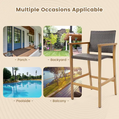 Miniatura 9 de Tangkula Juego de 4 taburetes de bar de ratán para patio, sillas de bar de mimbre de polietileno para exteriores con reposabrazos, taburetes de bar
