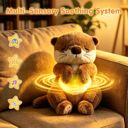 Miniatura 4 de LUKETURE Peluche de nutria respiratoria con movimiento rítmico, luz nocturna suave y ruido blanco, compañero de peluche calmante para relajación