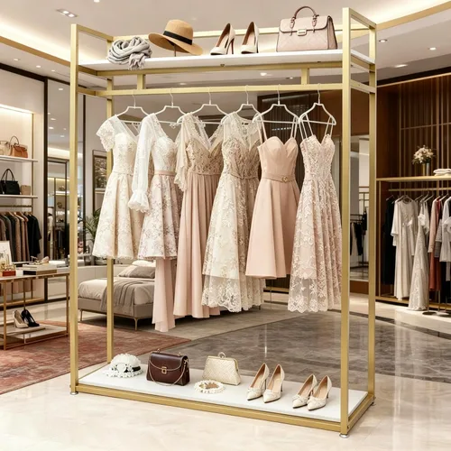Miniatura 5 de Estante de ropa de 71 pulgadas con estantes, estante para vestidos de boda, estante de exhibición de ropa al por menor, resistente comercial