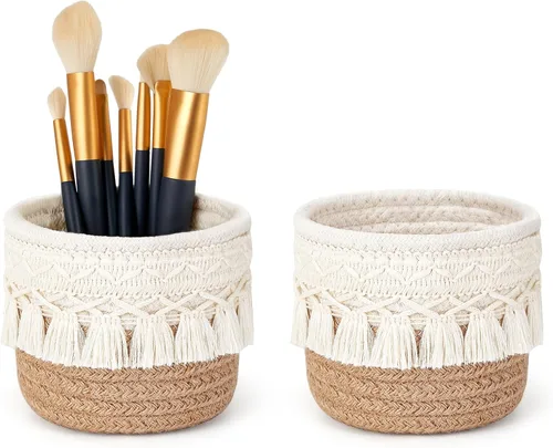Miniatura 8 de Mkono Soporte Organizador de Brochas de Maquillaje de Macramé Peine Brochas Mini Cesta de Almacenamiento Juego de 2 Cestas de Decoración Boho
