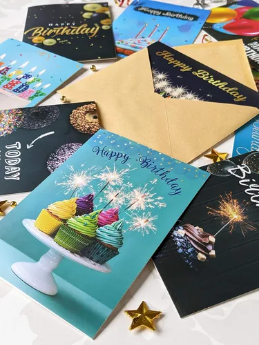 Miniatura 3 de Tarjetas de feliz cumpleaños con sobres y calcomanías, 20 diseños únicos, notas de felicitación de 4 x 6 pulgadas cuando están plegadas, cartulina