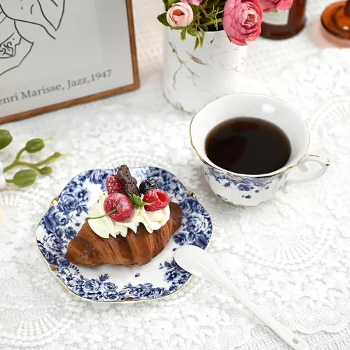 Miniatura 2 de Bone China - Juego de taza de té y platillo, 3 piezas, estilo vintage, juego de taza de té y platillo para mujeres y fiestas de té, caja de regalo