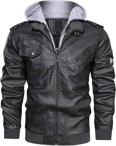 CRYSULLY - Chaqueta de piel para hombre, estilo vintage para otoño e invierno, con capucha extraíble, para motociclistas
