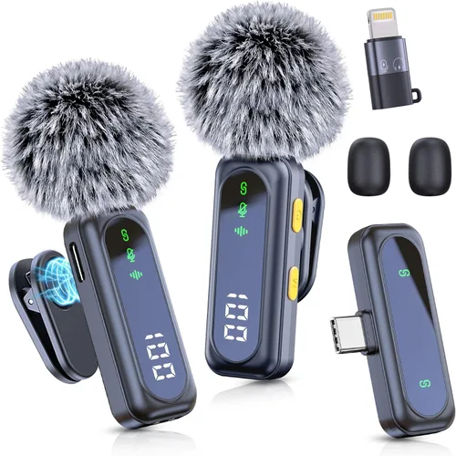 Micrófono inalámbrico mini para iPhone 15 16, iPad, Android, paquete de 2 micrófonos lavalier con pantalla LED y reducción de ruido, micrófono de