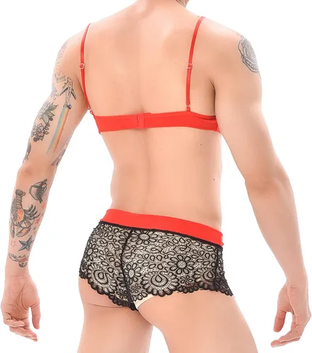 Miniatura 5 de QiaTi Lencería de encaje para hombre Sissy Crossdressing, ropa interior con brasier, ropa interior traslúcida, traje de bikini para dormir