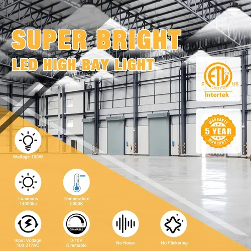 Miniatura 2 de UFO - Luz LED de alta bahía de 100 W, luces LED de alta bahía de 14,000LM, 0-10 V, regulable, cable de 6 pies con enchufe estadounidense, gancho