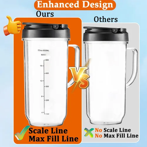 Miniatura 2 de Vasos de repuesto para piezas de repuesto Magic Bullet de 22 onzas compatibles con Magic Bullet MB1001 MBR-0701AK de 250 W (marcas medidas), tapa