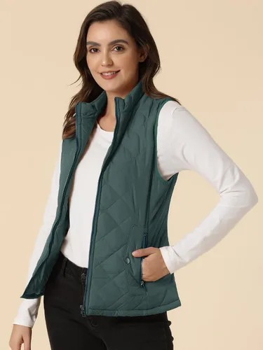 Miniatura 2 de Allegra K - Chaleco acolchado y ligero, de cuello alto, con cremallera, para mujer