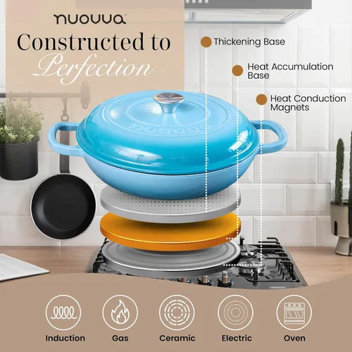Miniatura 8 de Cacerola Holandesa de Hierro Fundido con Tapa – Cacerola Holandesa Superficial Antiadherente, Apto para Horno hasta 500° F – Cacerola de Cocina Azul