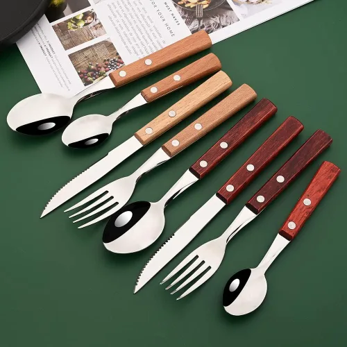Miniatura 7 de Juego de cubiertos de 24 piezas con mango de madera, juego de cubiertos de acero inoxidable 304 para el hogar, cocina, restaurante, juego de vajilla