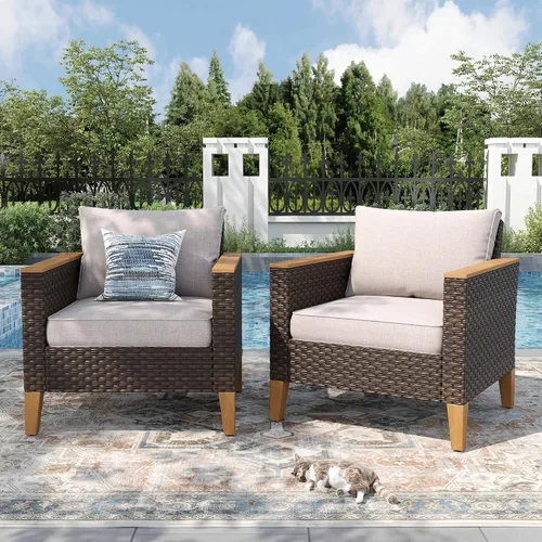 Miniatura 30 de PHI VILLA Otomana de mimbre para patio, 2 piezas, asiento otomano de mimbre para todo tipo de clima, reposapiés para exteriores con cojines