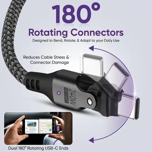Miniatura 2 de Cable USB tipo C a C de rotación de 180° PD 240 W (1 paquete de 3.3 pies) USB2.0 480MBPS y cable de transferencia de datos Cable de carga