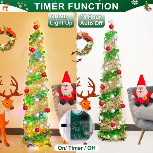Miniatura 3 de Árboles de Navidad artificiales de 6 pies, árbol de Navidad artificial, plegable con temporizador, 100 luces, 15 bolas, lápiz de oropel, árbol