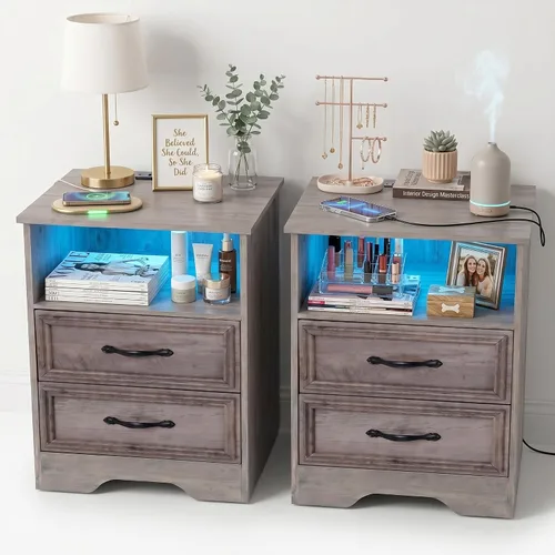 Miniatura 11 de LGHM Juego de 2 mesitas de noche con tira de luces de estación de carga, mesita de noche grande con 2 cajones, mesa auxiliar de cama decorativa