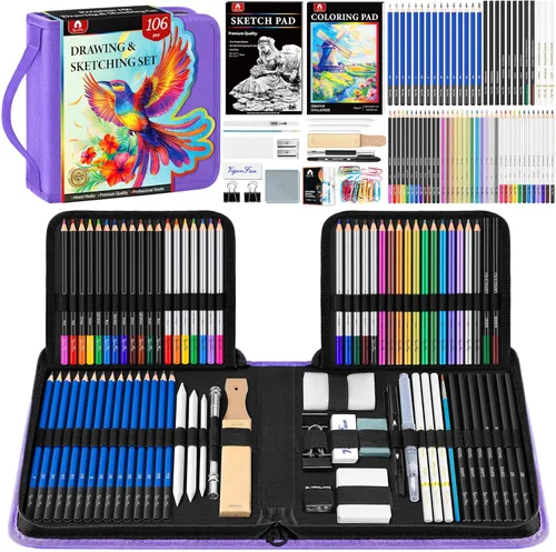 Miniatura 9 de Kit de bocetos de 106 piezas de suministros de arte, lápices de dibujo profesional con cuaderno de bocetos de 3 colores, libro para colorear, Negro