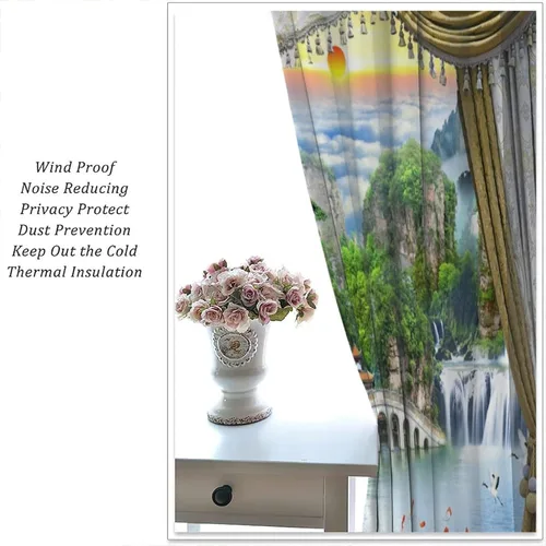 Miniatura 5 de Cortinas de ventana de cascada 3D, paisaje natural, cascada junto al lago, estampado de bosques verdes, decoración del hogar, dormitorio, sala
