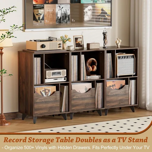 Miniatura 2 de Bikoney Soporte moderno para tocadiscos de mediados de siglo con cajón de almacenamiento de vinilo, mesa auxiliar de madera para todos
