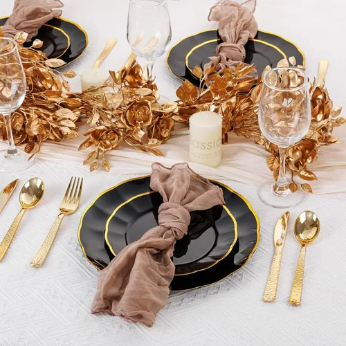 Miniatura 4 de supernal 60 piezas Platos de Cumpleaños Negros y Dorados Platos de Plástico para Fiestas y Platos Desechables Elegantes Platos Festoneados