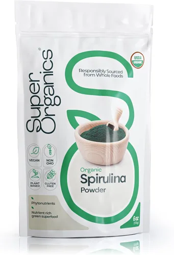 Super Organics Spirulina en polvo orgánico – Superalimento verde crudo, 6 onzas | Vegano, USDA orgánico, sin OMG, sin gluten, alto en proteínas y