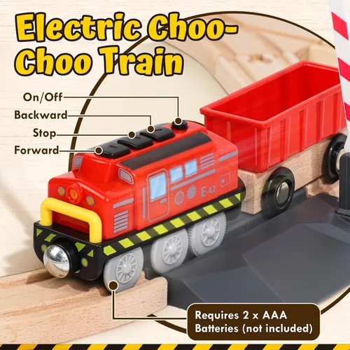 Miniatura 3 de Lehoo Castle Juego de tren de madera, juguetes de construcción para niños de 2 a 4 años, pista de tren de madera para niños con grúa, juguetes
