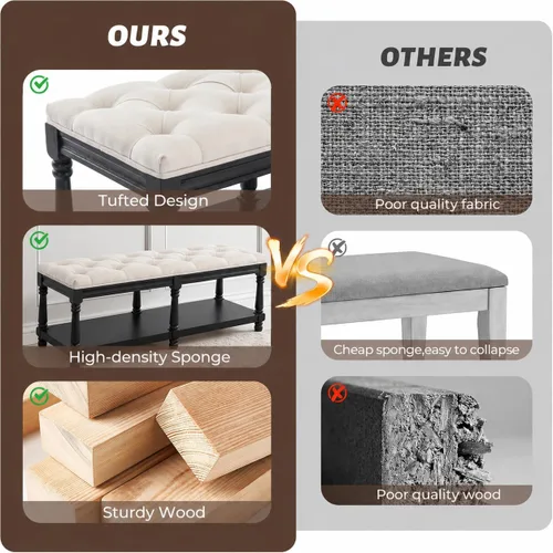 Miniatura 5 de Kmax Banco de Almacenamiento para Entrada Acolchado Banco Zapatero Banco de Ventana de Madera Negra para Pasillo Entrada Dormitorio Esquina, Beige