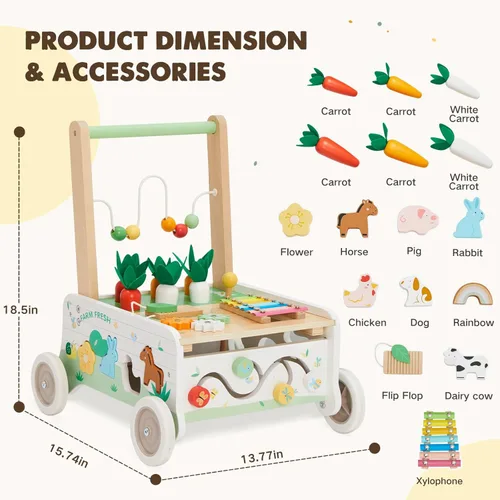 Miniatura 7 de Andador de madera para bebés, caminador de empuje para bebés, caminador de bebé de velocidad ajustable con rueda, centro de actividades para niños