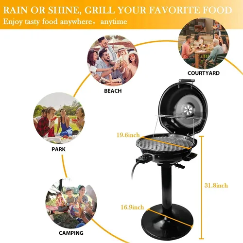 Miniatura 5 de Techwood - Parrilla eléctrica para barbacoa para interiores y exteriores, parrilla portátil extraíble de 1600 W con bandeja ajustable de calor