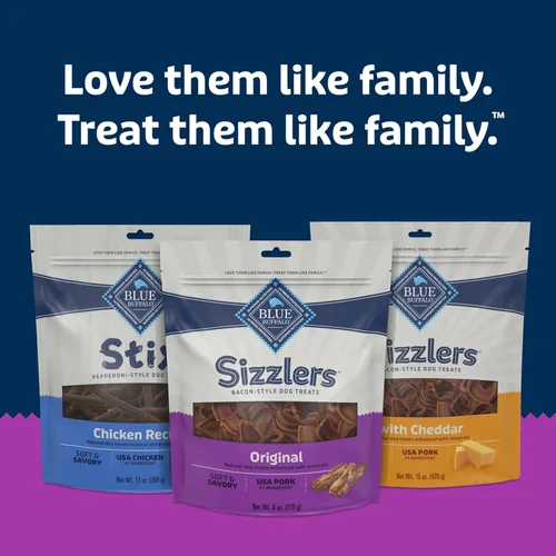Miniatura 9 de Blue Buffalo Sizzlers - Golosinas suaves y naturales para perros, estilo tocino, golosinas suaves y húmedas con cerdo real de Estados Unidos, sabor