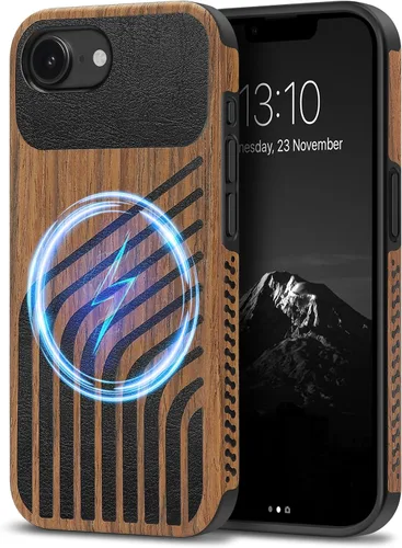 Miniatura 47 de TENDLIN Compatible con iPhone 17 Pro Max Funda de madera con textura de fibra de carbono Diseño de cuero híbrido delgado (negro)