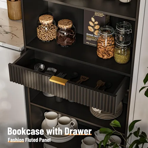 Miniatura 6 de Estantería de 72 pulgadas de alto con almacenamiento, estantería de 7 niveles acanalada con cajón, estante organizador de libros con dispositivo