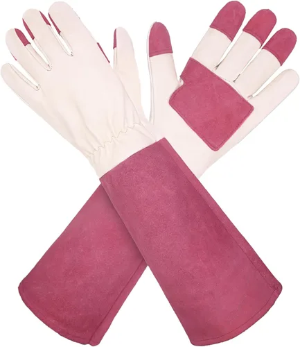 HANDLANDY HLDD Long Gardening Gloves for Women Men - Leather Rose Pruning Gloves Thorn Proof - Breathable Working Glove Rosa