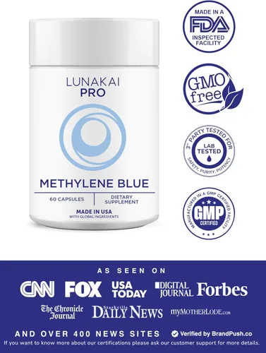 Miniatura 2 de Lunakai Cápsulas azul de metileno fabricadas en Estados Unidos de grado farmacéutico con vitamina C, B6, B12 – Suplemento diario de apoyo cerebral