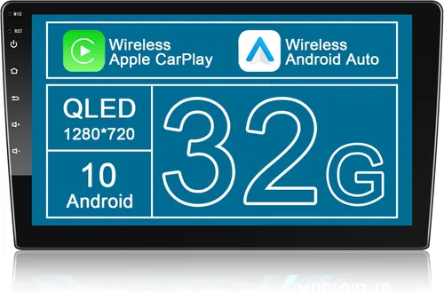 Estéreo de coche de doble DIN de 10 pulgadas inalámbrico CarPlay inalámbrico Android Auto, pantalla táctil QLED Android Radio reproductor multimedia