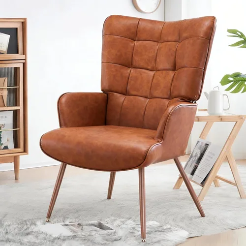 Bafode Silla decorativa moderna Mid-Century - Sillón de piel sintética con cuadrícula para sala de estar, dormitorio y oficina, cómoda silla de