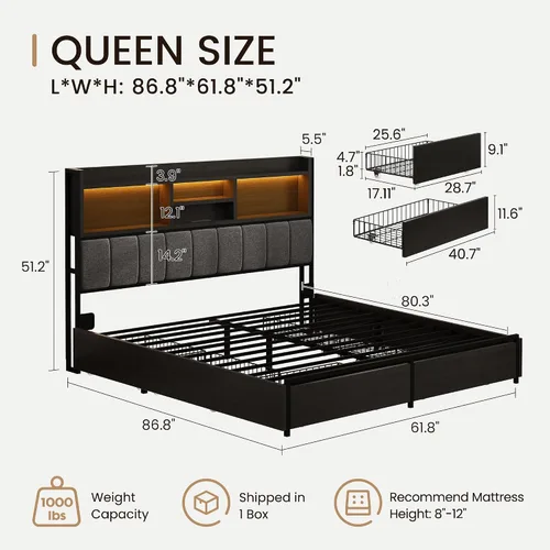 Miniatura 2 de BRELTAM Base de cama Queen con 6 cajones de almacenamiento, cabecera tapizada de lino, estación de carga USB integrada e iluminación LED, soporte