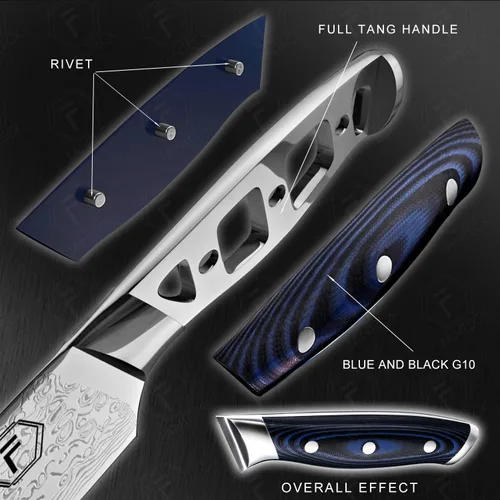 Miniatura 7 de FANTECK Santoku Cuchillo de cocina de acero japonés de Damasco de 5 pulgadas, VG10 de 67 capas de alto carbono, espiga completa, cuchillos Santoku