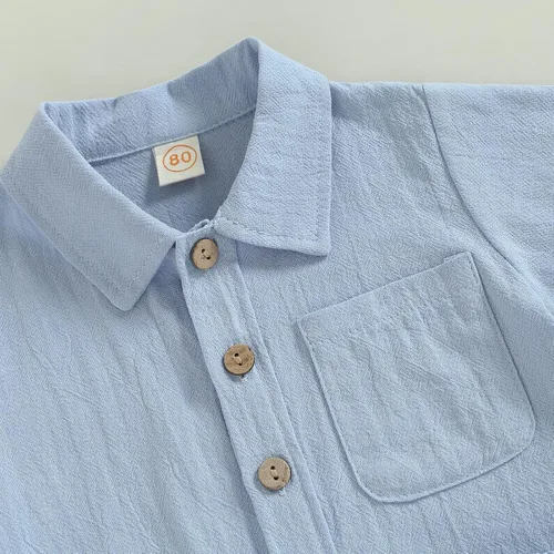 Miniatura 4 de DNOMAID YZARC Conjunto de 2 piezas de ropa de verano para bebé niño y niña, algodón sólido, lino, manga corta, con botones, pantalones cortos
